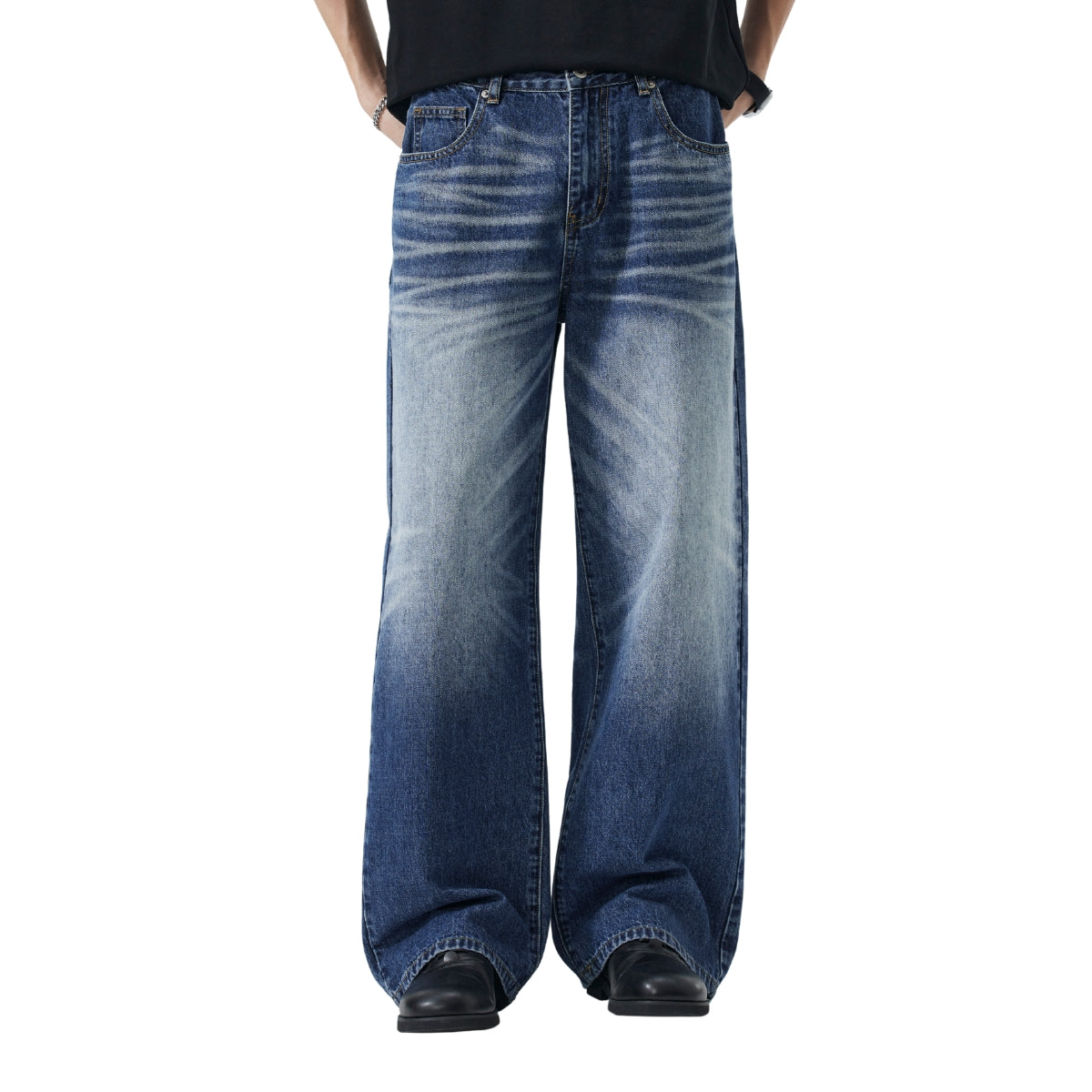 Deep Blue Washed Cat Whisker A-Line Straight Baggy Denim Jeans