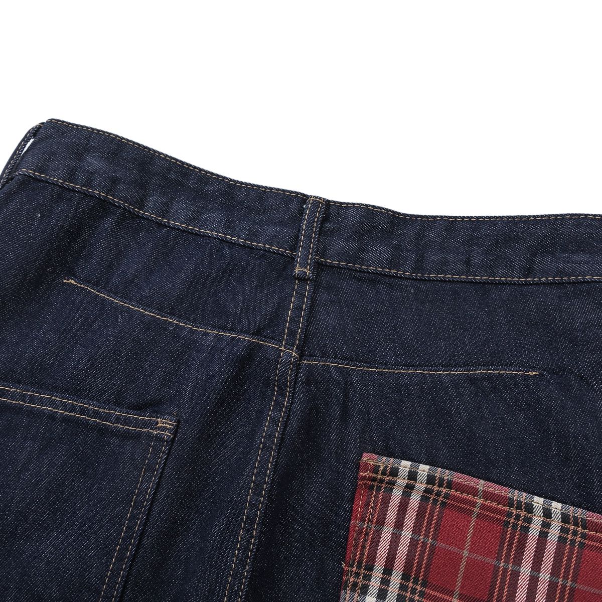 Vintage Raw Denim Red Plaid Panel Flare Jeans