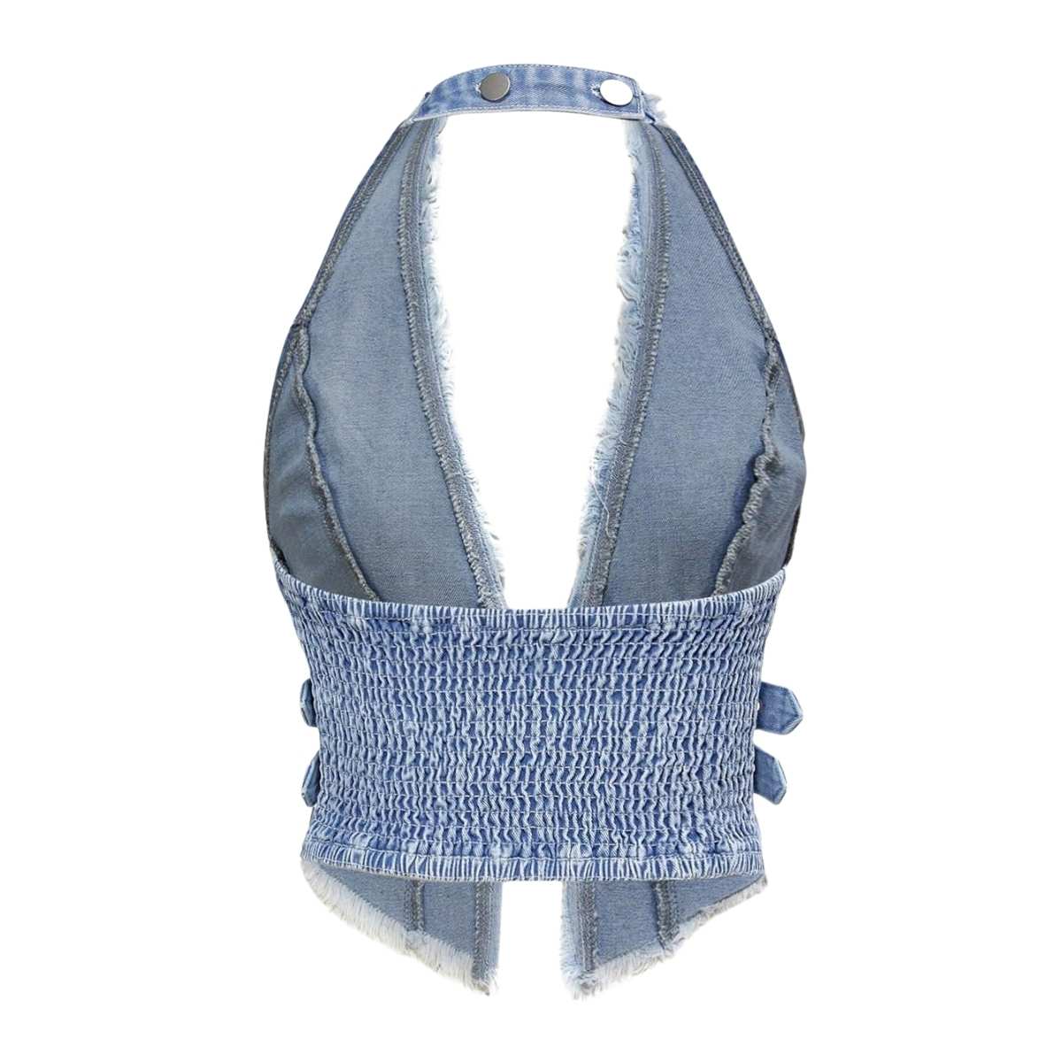 Women's Y2K Backless Fringe CorsetDenim Halter Top