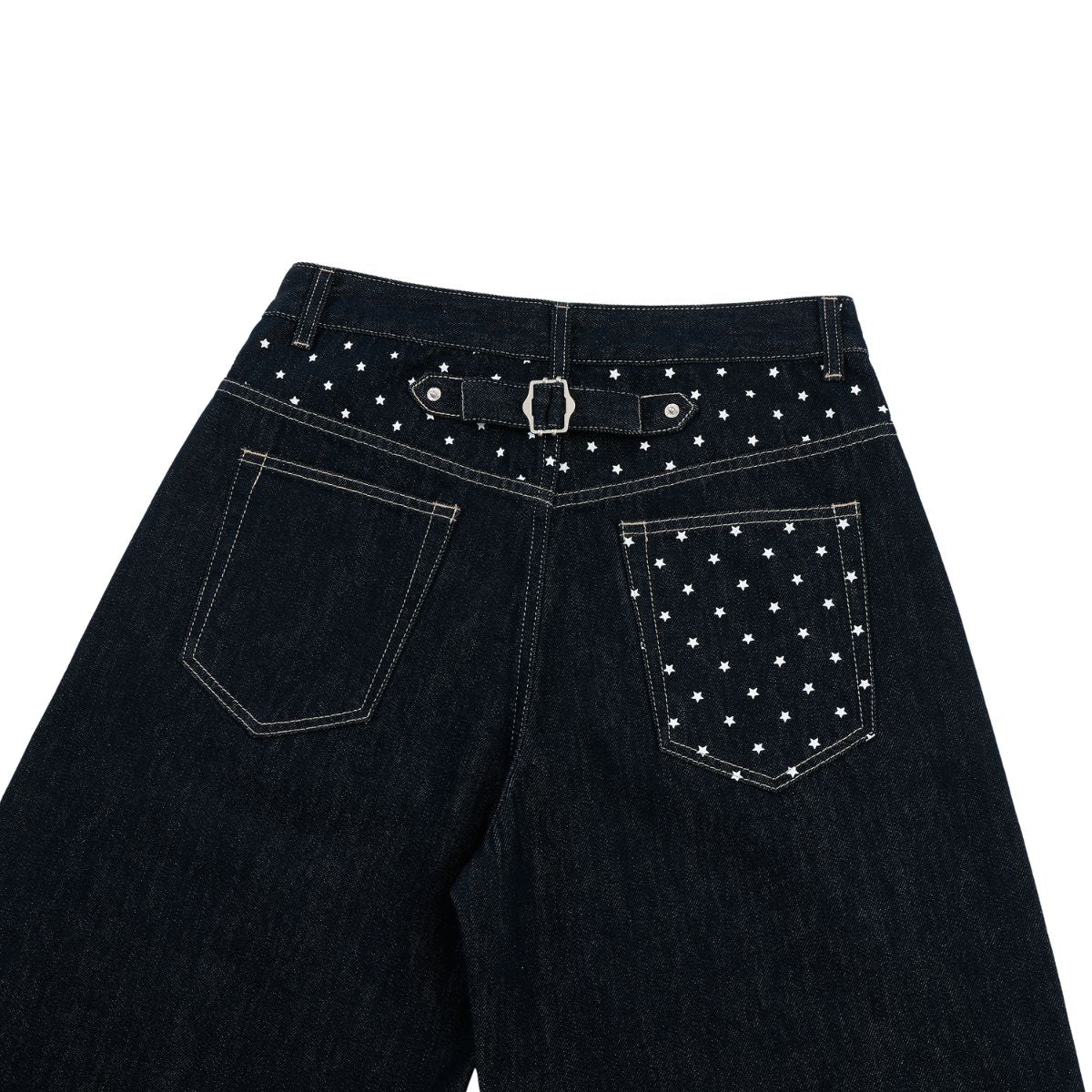 Star‑Print Curved Blade Raw Denim Jeans