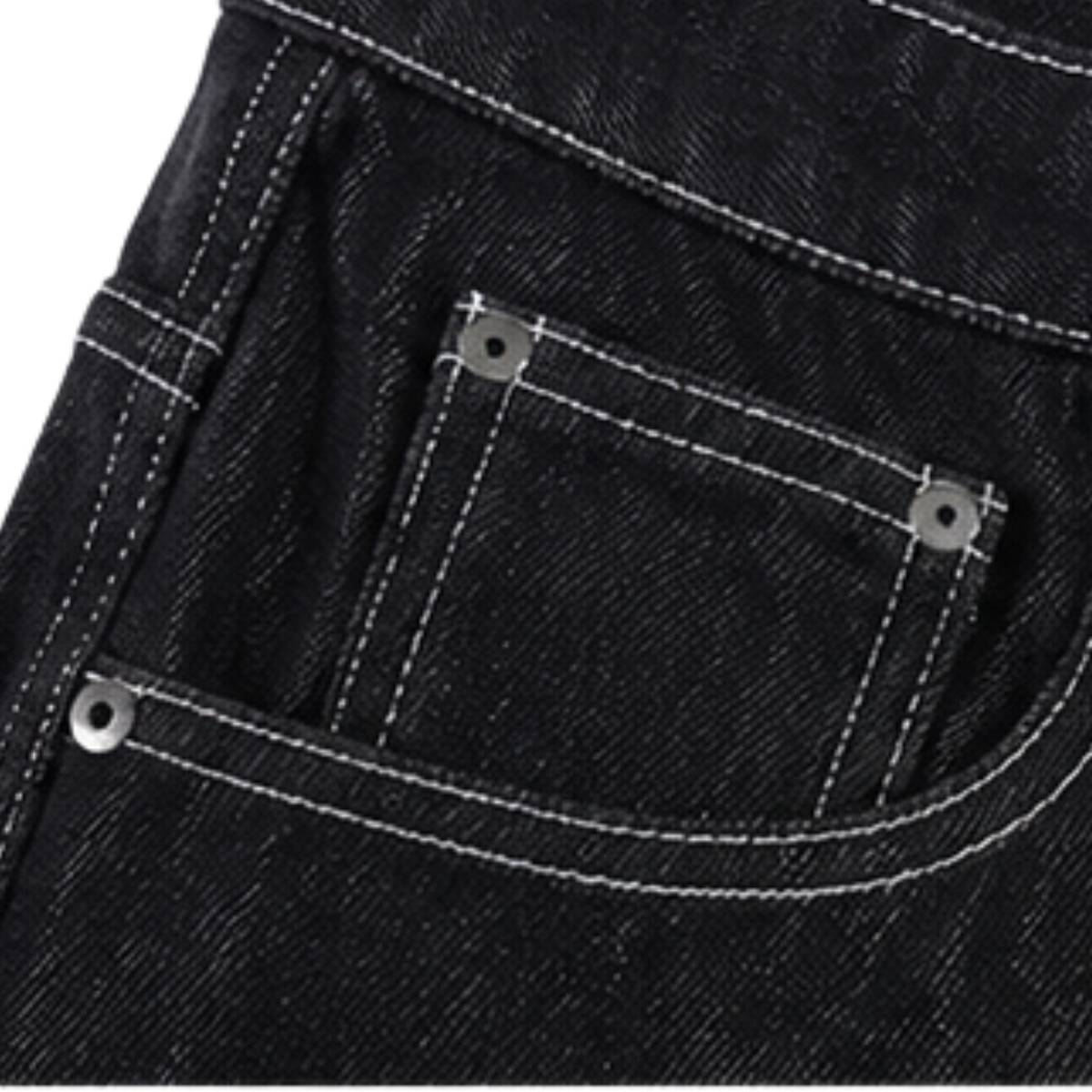 Contrast Stitch Black Wide-Leg Jeans