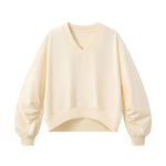 Boxy Short‑Wide V‑Neck Sweatshirt With Gathered Lantern Puff Sleeves