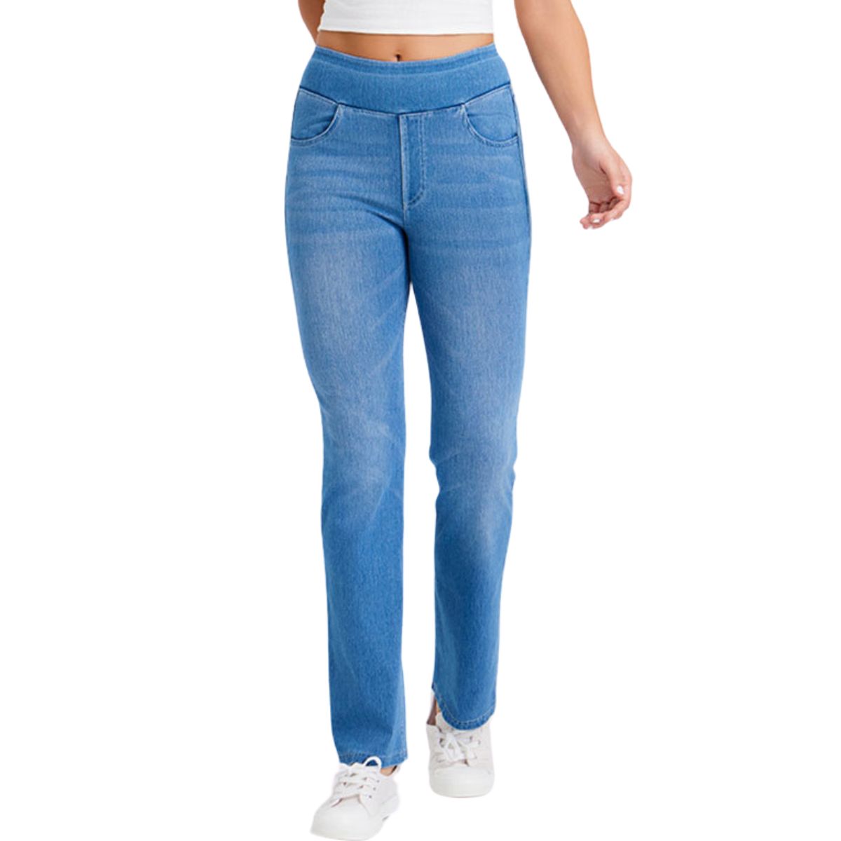 Mid-Rise Washed Whisker Knit Denim Pants