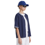 Short Sleeve Button‑Up Striped Baseball Cardigan