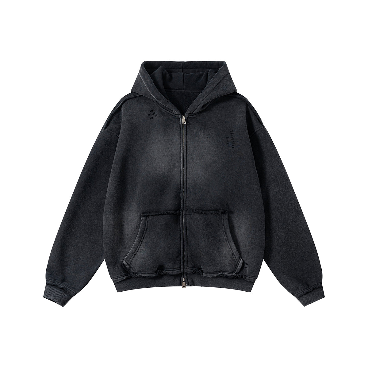 Front-Zip Raw Edge Ripped Hoodie