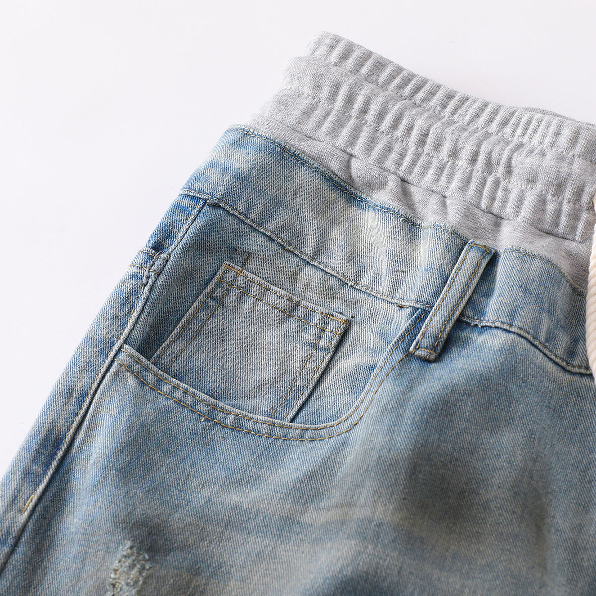 Vintage Wash Double-Waistband Ripped Jeans