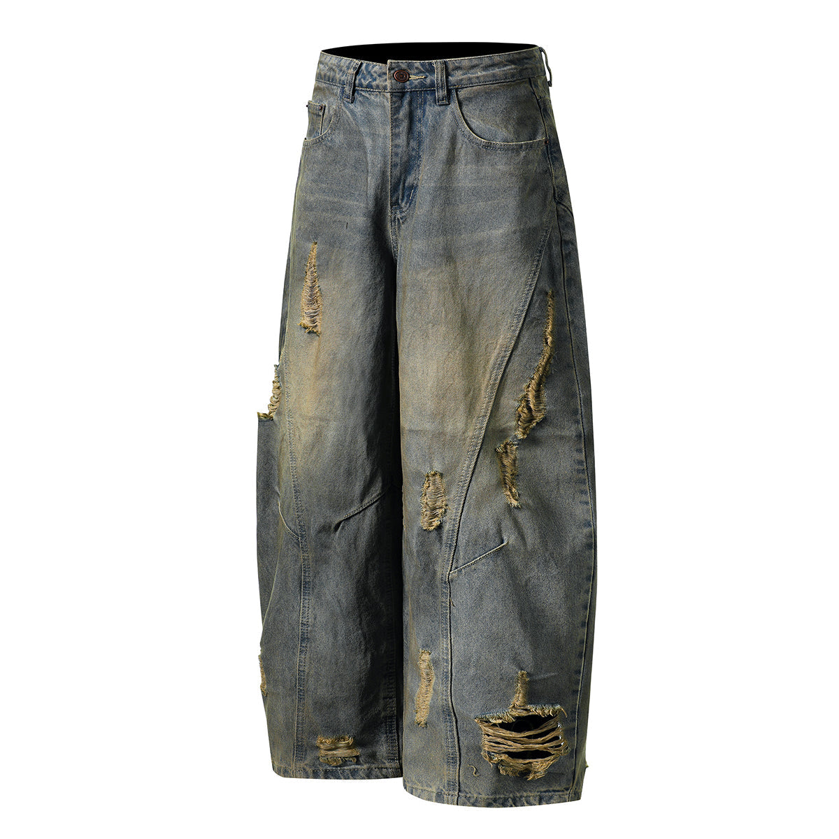 Panel Stitching Barrel-Leg Ripped Jeans
