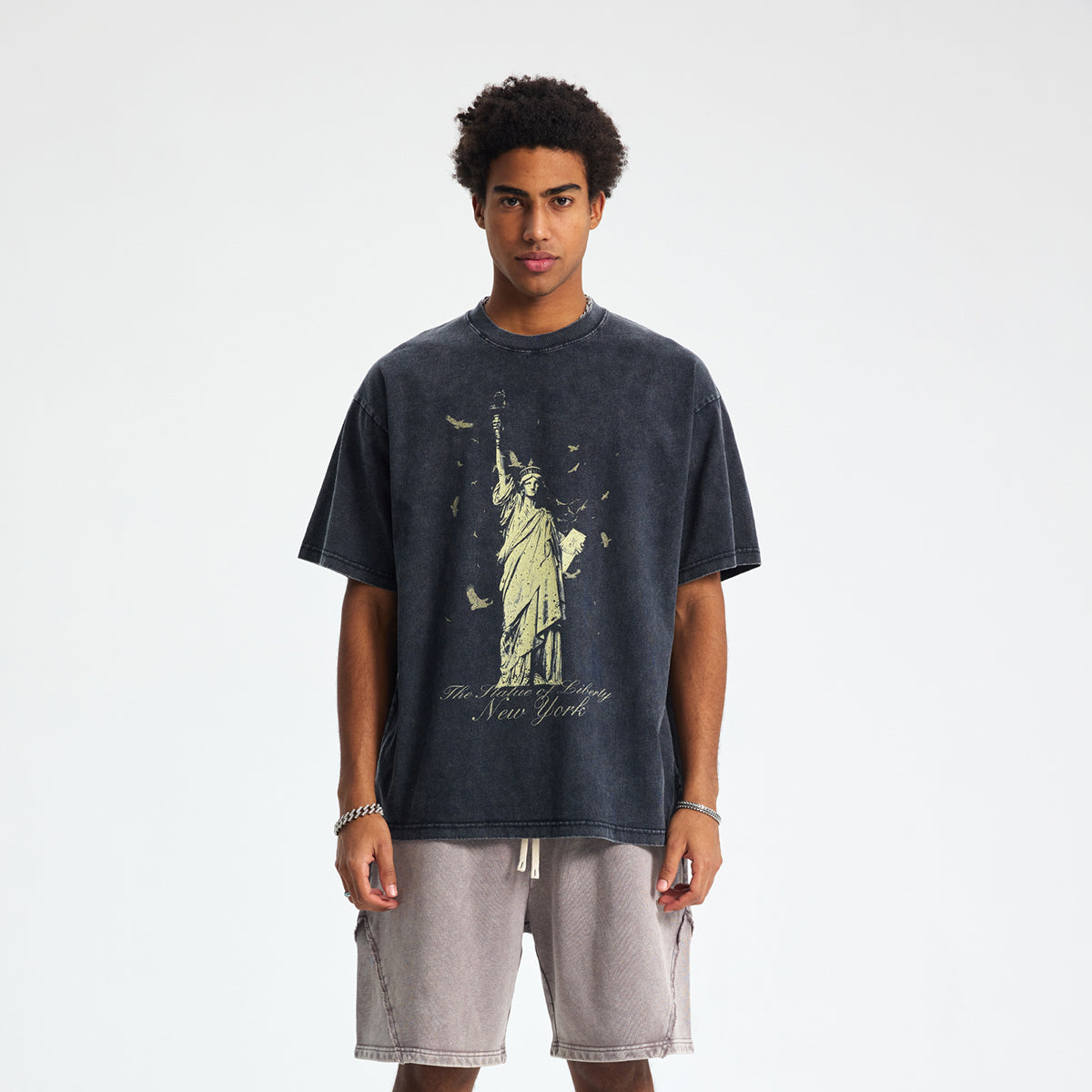 Statue of Liberty Print Stone-Washed Cotton Tee