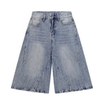 High-Waist Washed Denim Bermuda Shorts