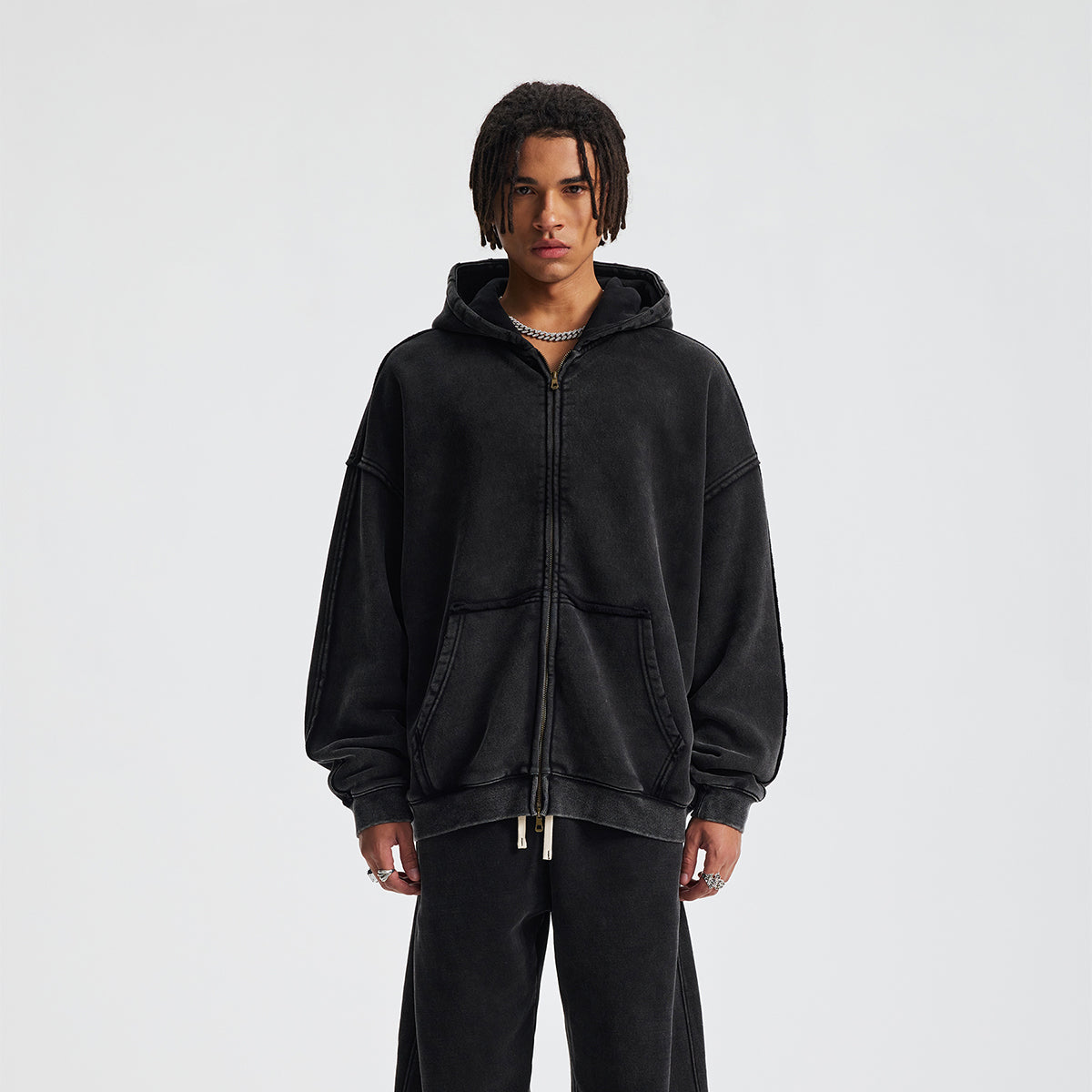 Oversized Vintage Washed Zip Up French Terry Hoodie