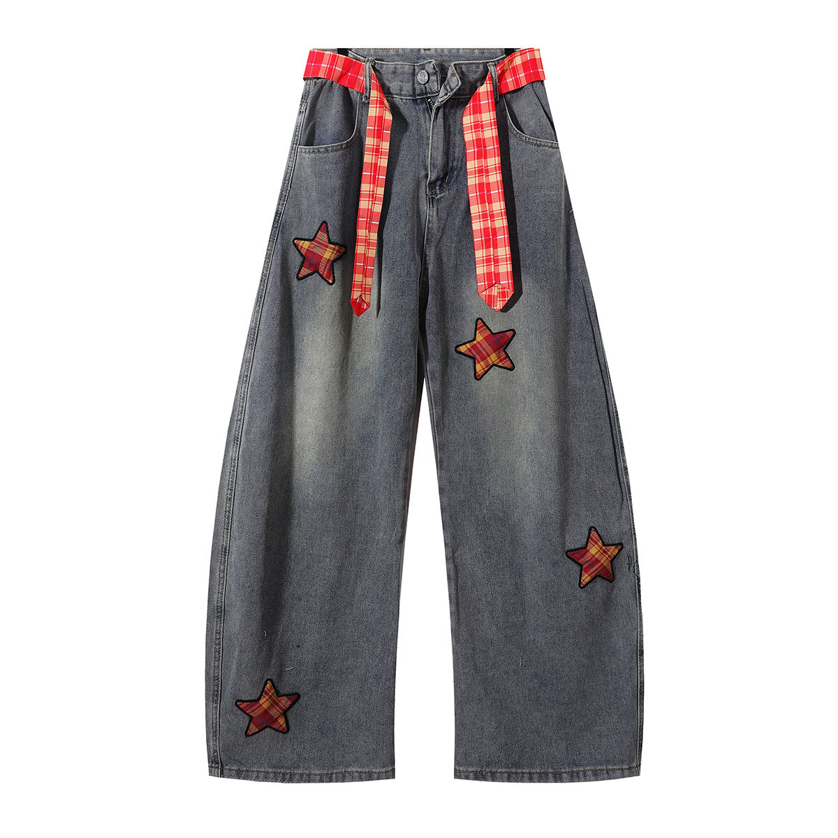 Plaid Trim Star Patched Wide Leg Denim Jeans