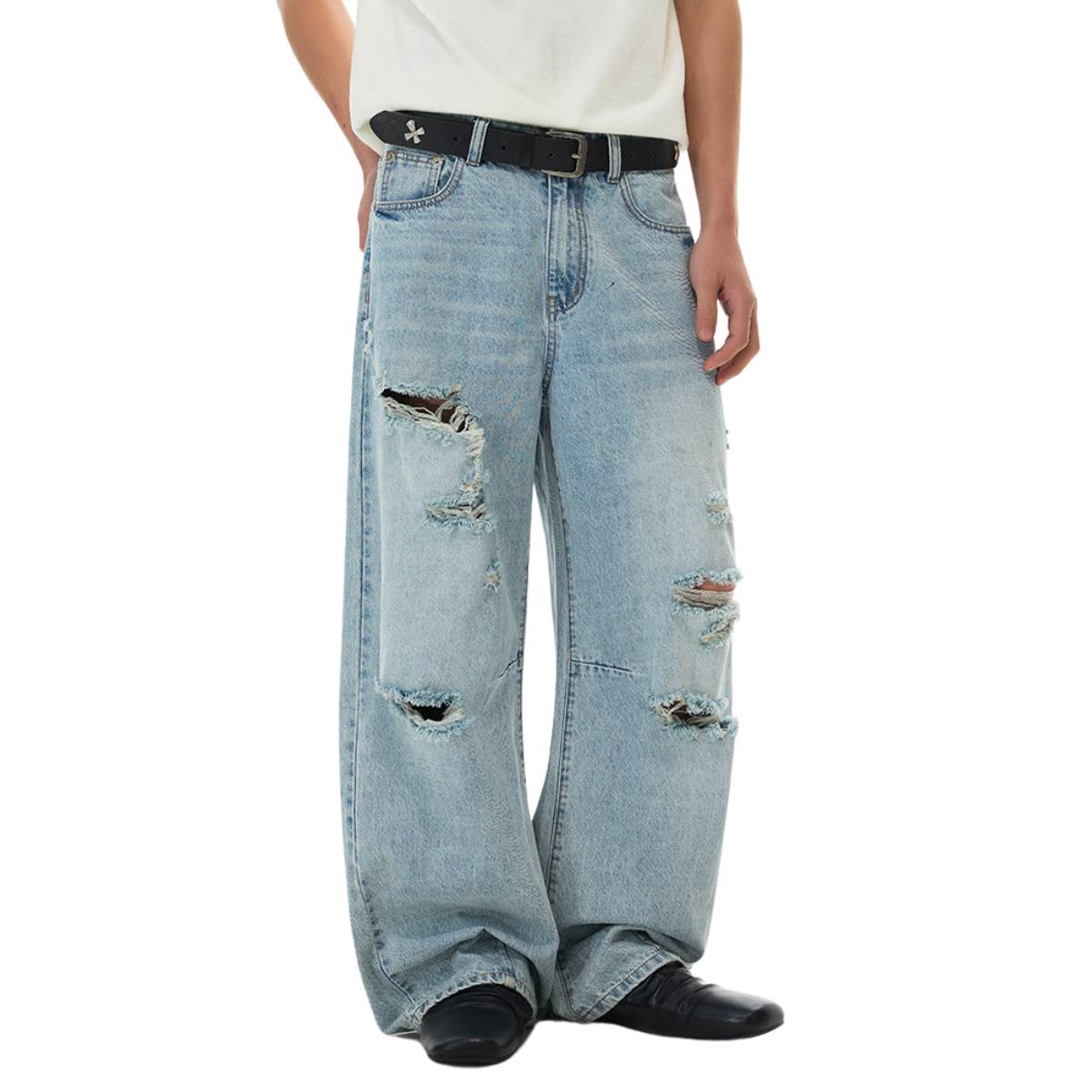 Vintage Washed Ripped Wide Leg Straight Denim Jeans