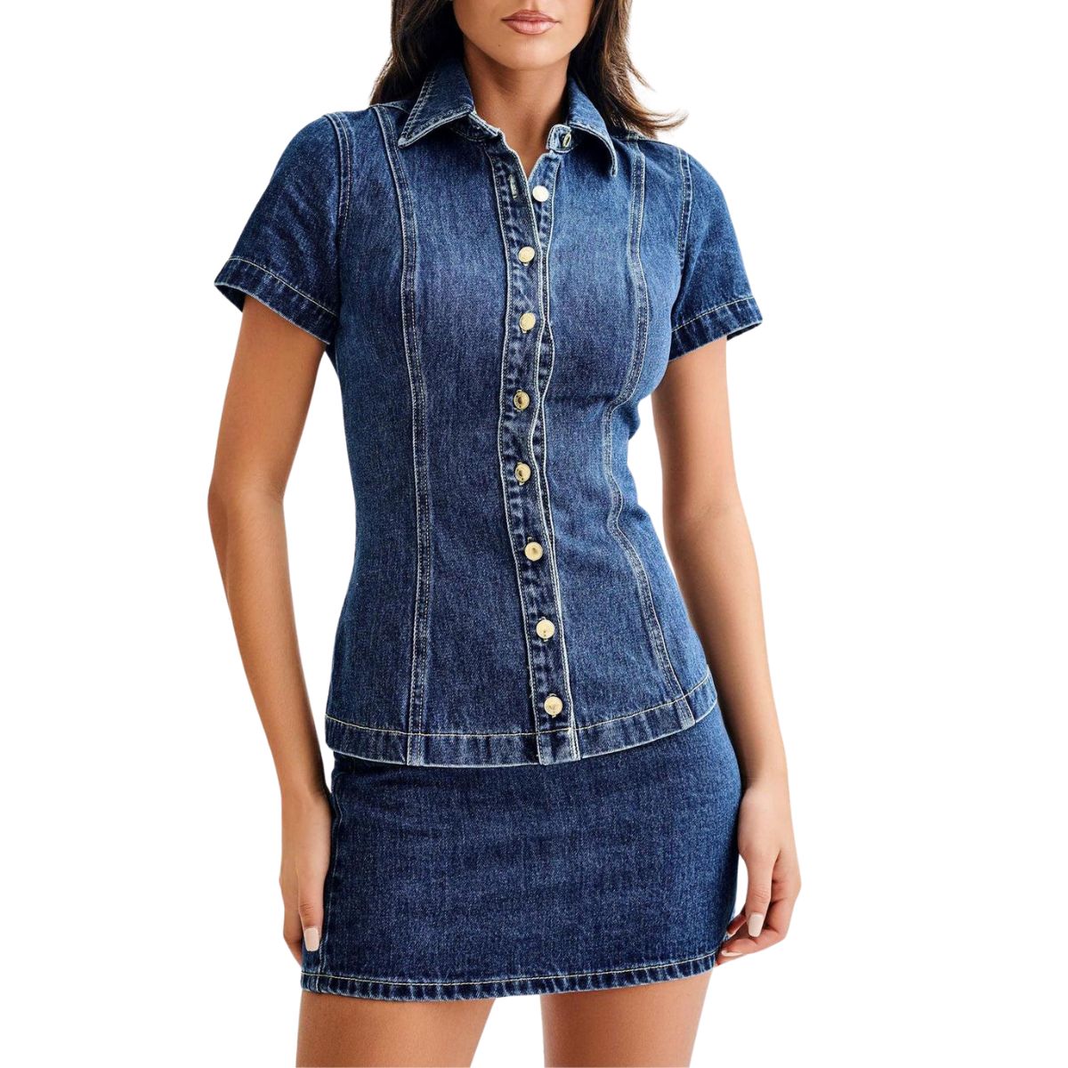 Conjunto de top de manga corta de mezclilla y minifalda