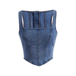 Women's AsymmetricalSquare Neck Zip Back Denim Corset Crop Top
