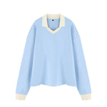 Women's Heavyweight Washed Color Block Collared Long Sleeve Sweatshirt