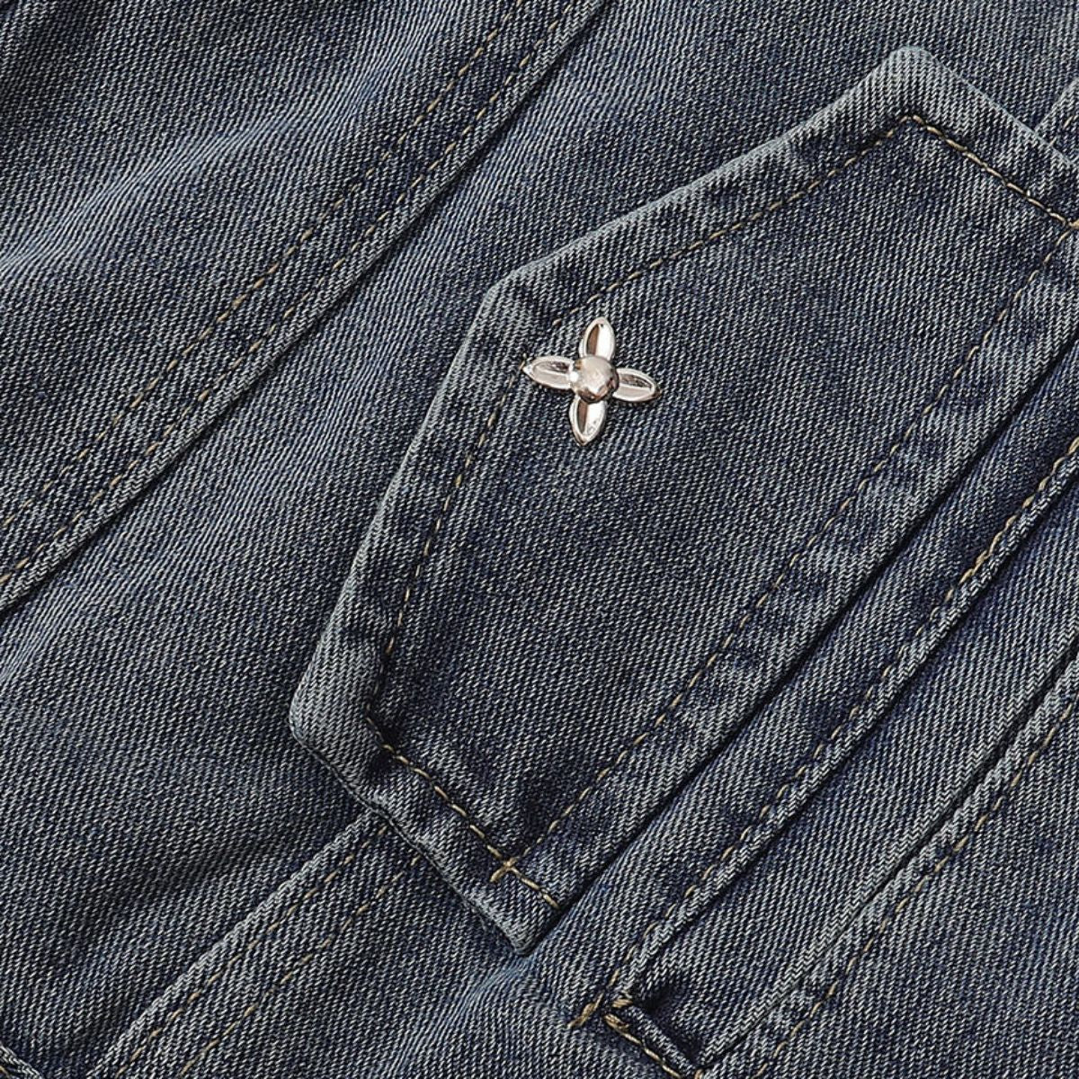 Silver Metal Flower Studs Denim Jacket