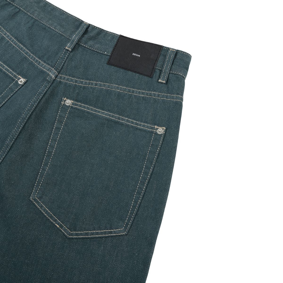 Raw Denim Jeans with Teal Multi‑Button Fly Design