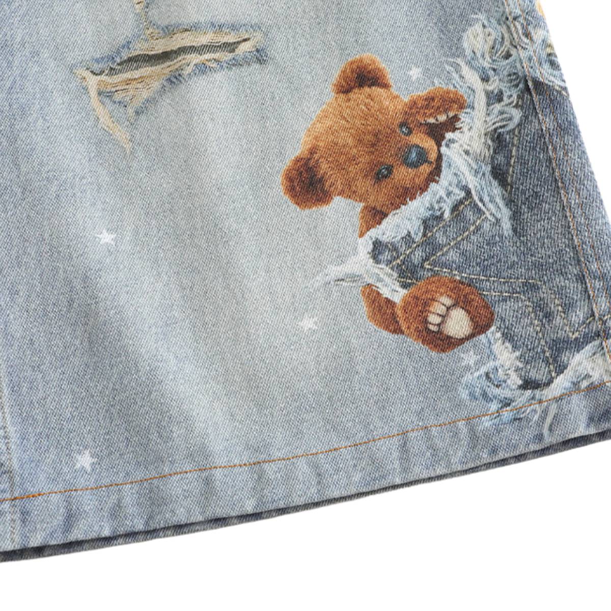 Washed Vintage Star Print Dog Distressed Relaxed Wide-Leg Bermuda Shorts