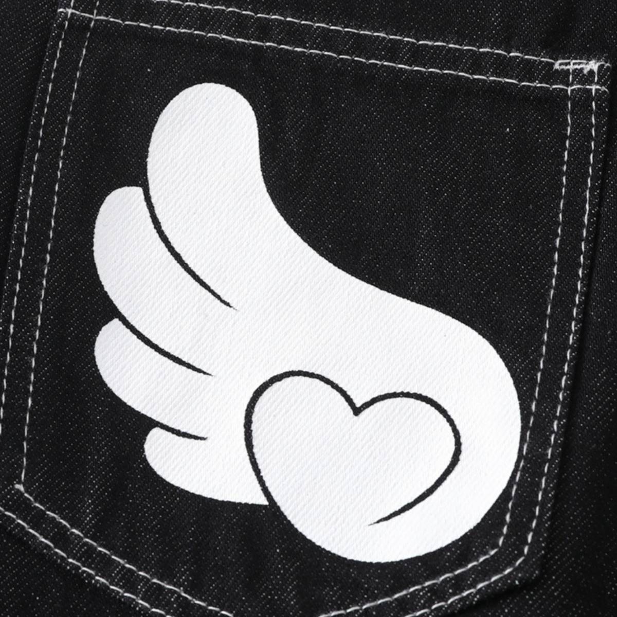 Retro Contrast Heart & Wings Patchwork High Rise Loose Draped Denim Jeans