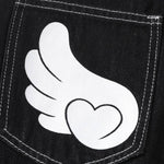 Retro Contrast Heart & Wings Patchwork High Rise Loose Draped Denim Jeans