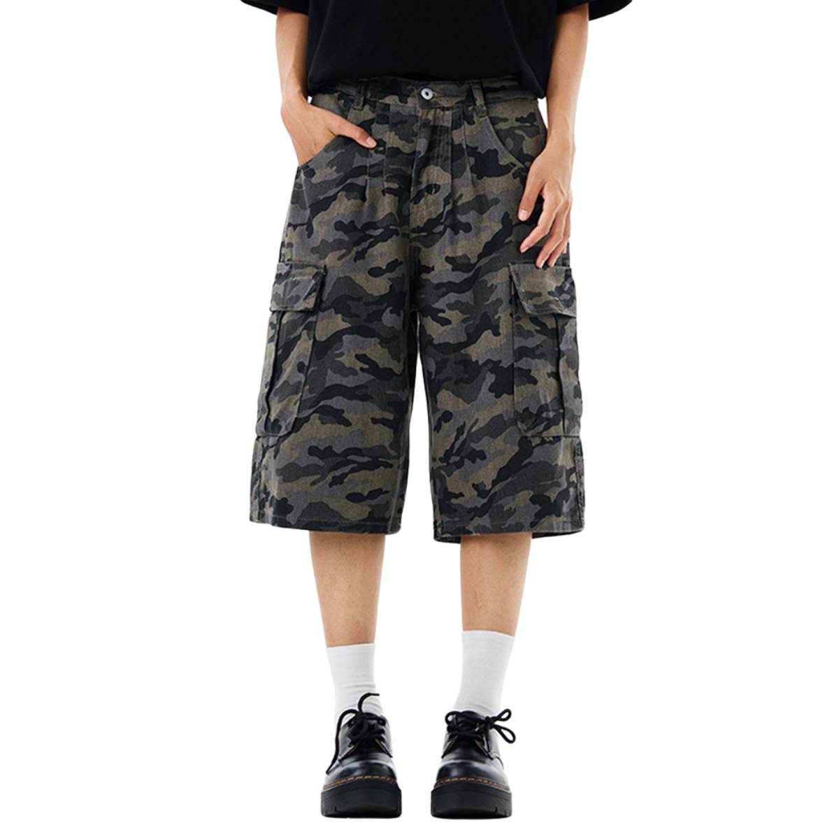 Camo Utility High Waist Loose Fit Bermuda Shorts