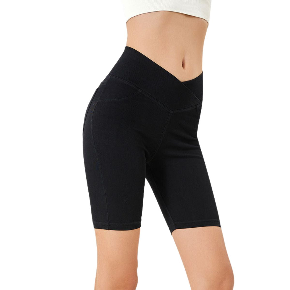 Crossover Waist Washed Stretchy Knit Denim Shorts