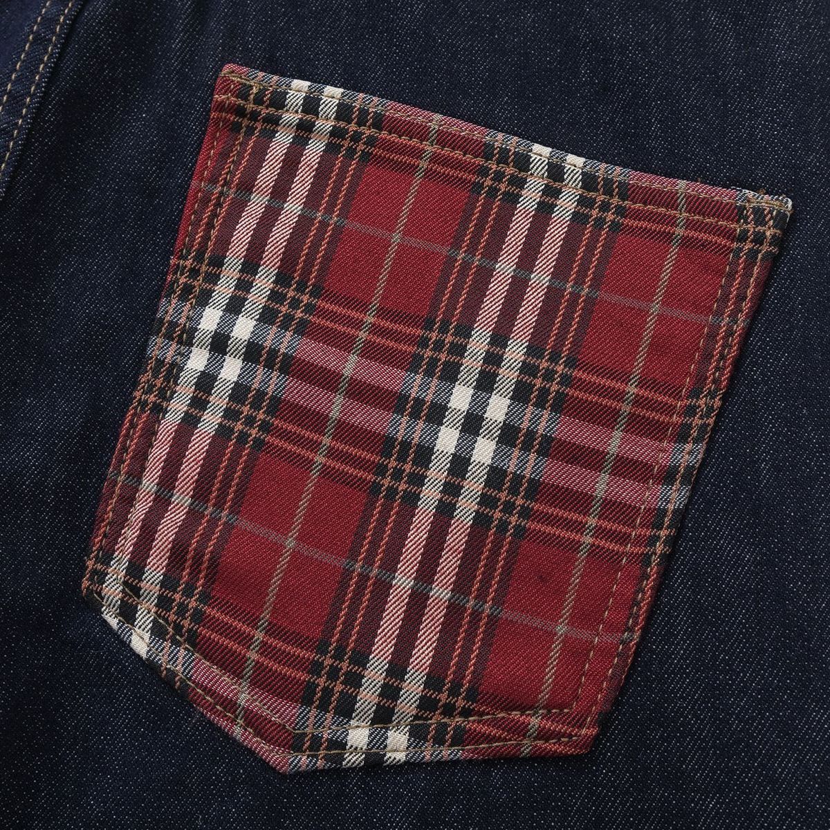 Vintage Raw Denim Red Plaid Panel Flare Jeans