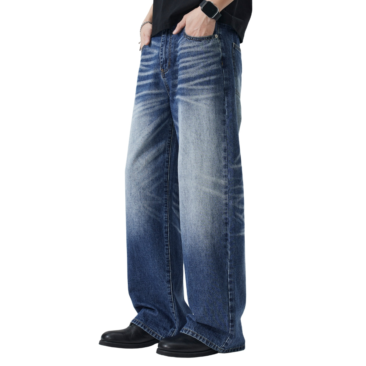 Deep Blue Washed Cat Whisker A-Line Straight Baggy Denim Jeans