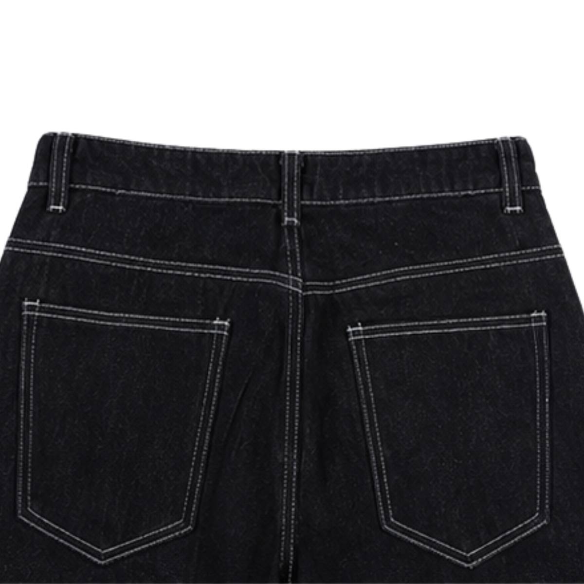 Contrast Stitch Black Wide-Leg Jeans