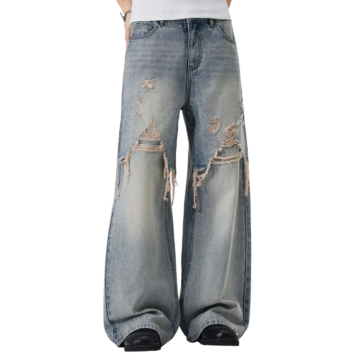 High Street Baggy Wide Leg Distressed Patchwork Denim Jeans