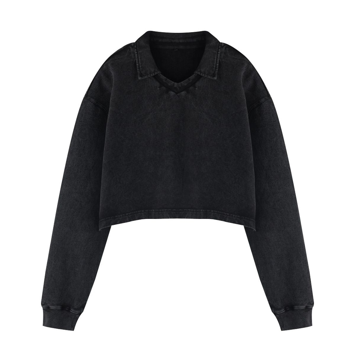 Heavyweight Snow Wash Collared Cropped Long Sleeve Sweatshirt