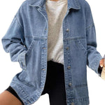 Women's Casual Drop Shoulder Button Front Denim Jacket With Pockets