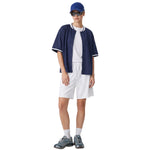 Short Sleeve Button‑Up Striped Baseball Cardigan