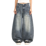 Laser Print Vintage Curved Denim Wide Leg Jeans