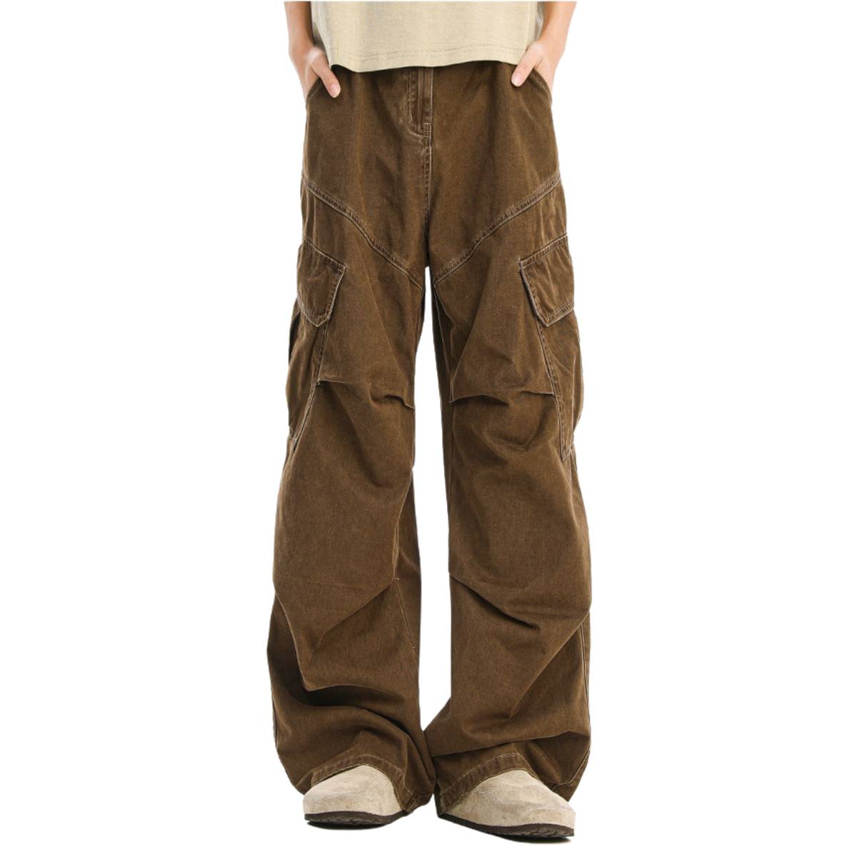 American Workwear Relaxed Solid Patchwork Wide-Leg Utility Cargo Pants