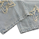 American Retro Frayed Hem Star Graphic Loose Fit Denim Trousers