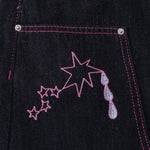 Washed Contrast Star Heart Embroidered Button Wide-Leg Bermuda Shorts