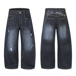 Dark Wash Embroidered Barrel-Leg Jeans