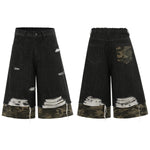 Camo Patchwork Denim Ripped Bermuda Shorts