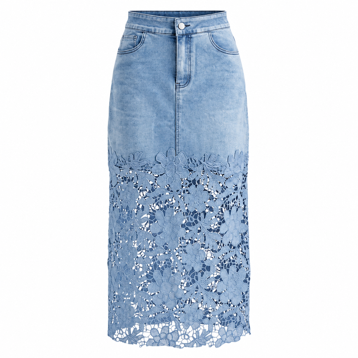 Women's Lace Spliced Denim Midi Skirt