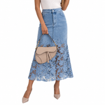 Women's Lace Spliced Denim Midi Skirt