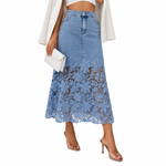 Women's Lace Spliced Denim Midi Skirt