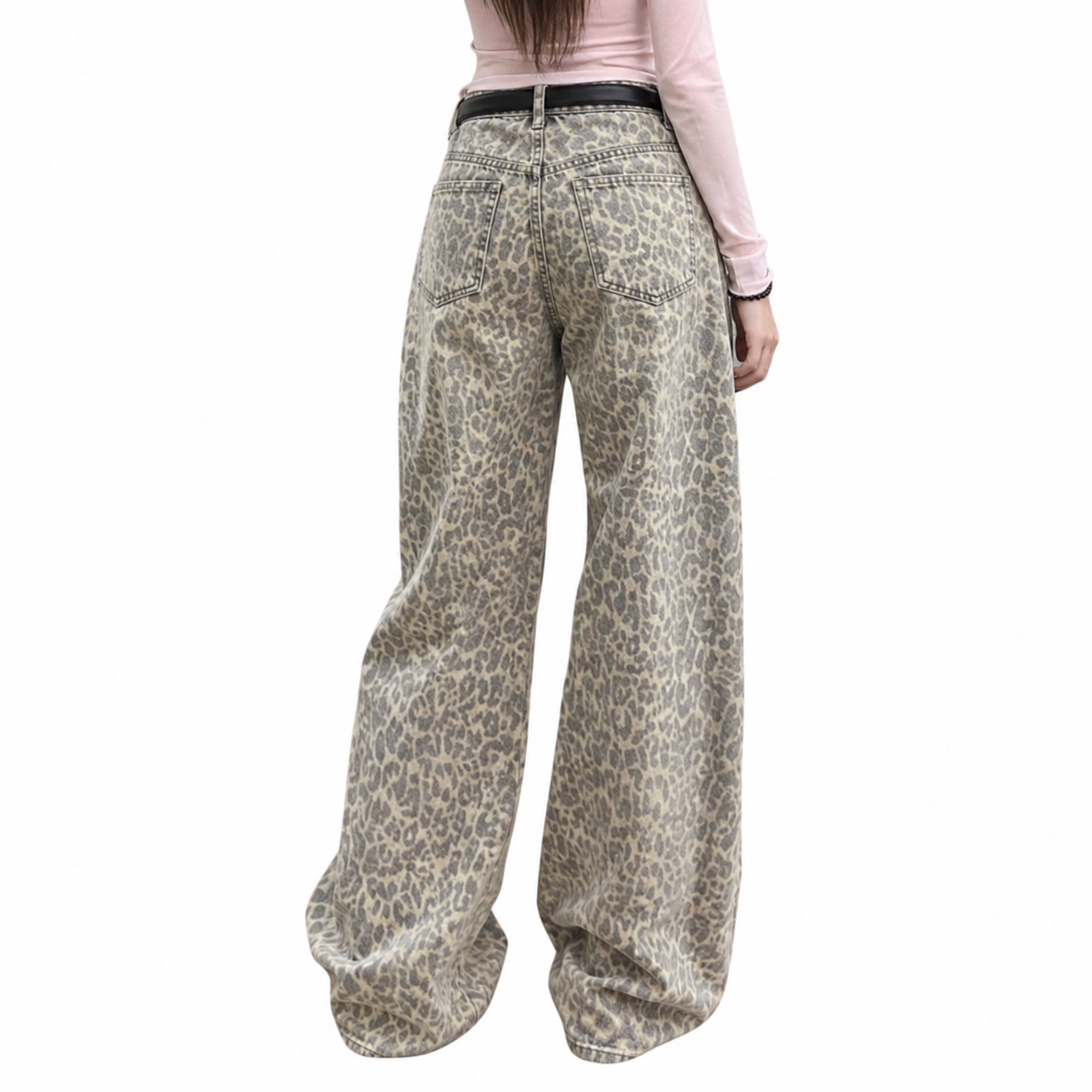 Vintage Y2K Street Leopard Print High-Waist Denim Wide Leg Jeans