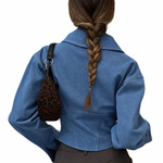 Women’s Fitted Denim Collar Corset Zip-Up Jacket