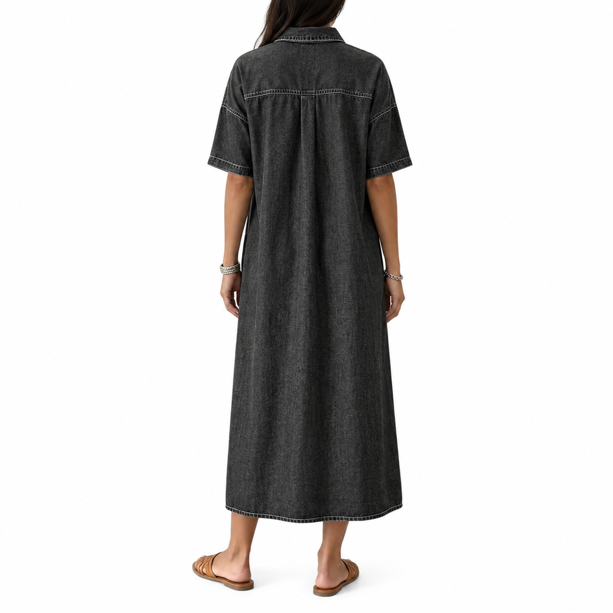 Vestido vaquero midi con cinturón y mangas cortas