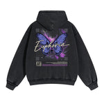 Vintage Washed Butterfly Printed Zipper Hoodie-INNBLAC Fashion Apparel