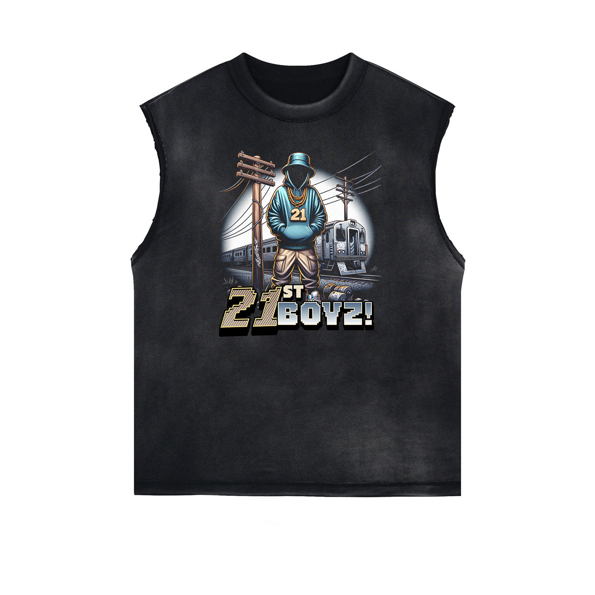 Sleeveless Frayed Edge Gangsta Pattern Tee-INNBLAC Fashion Apparel