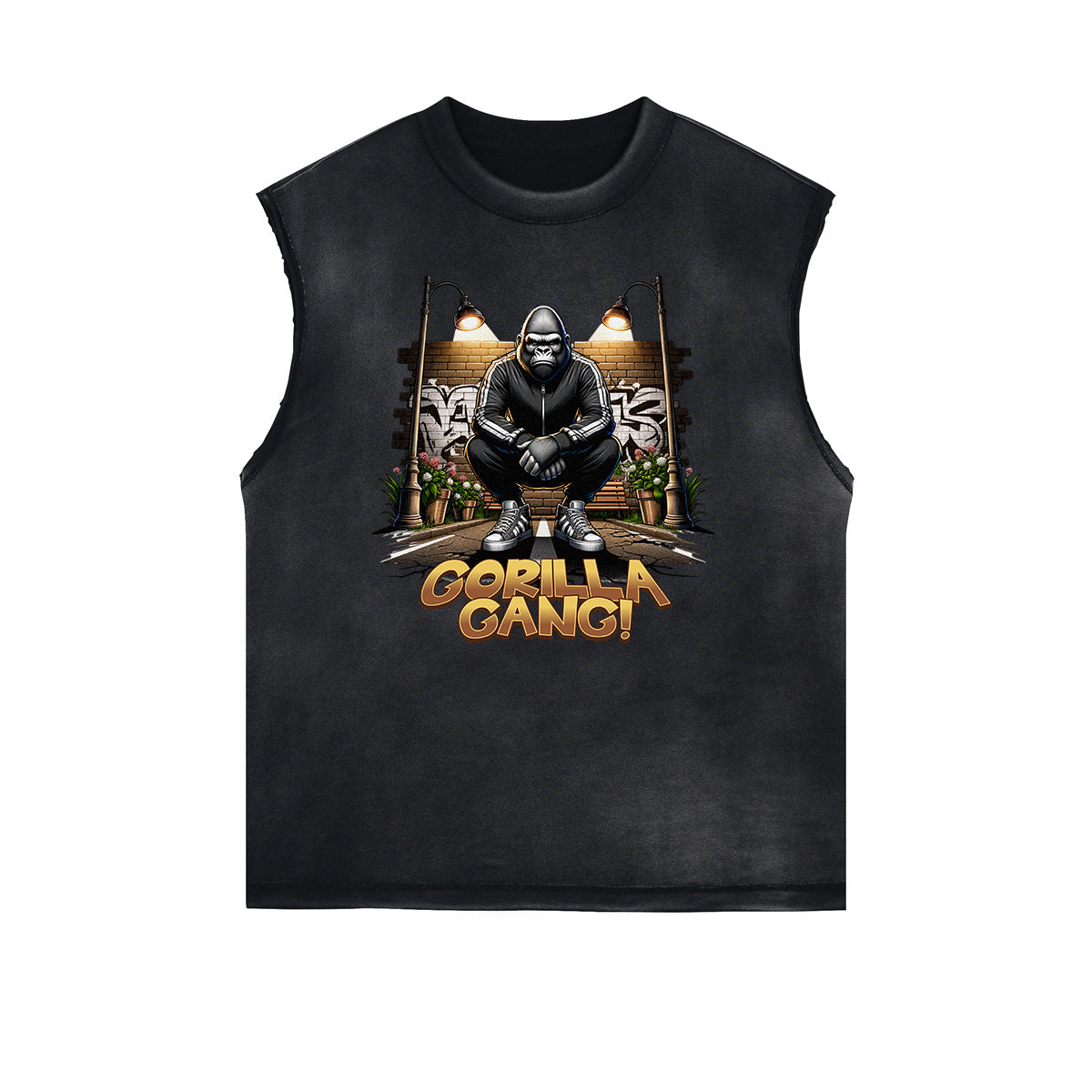 Sleeveless Frayed Edge Gangsta Pattern Tee-INNBLAC Fashion Apparel