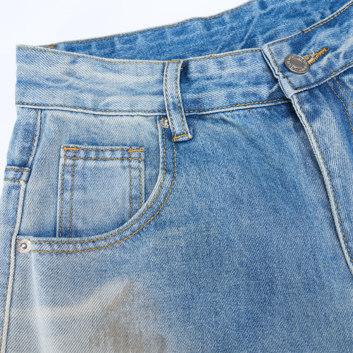 Paint Splatter Distressed Wide Leg Light Blue Jeans