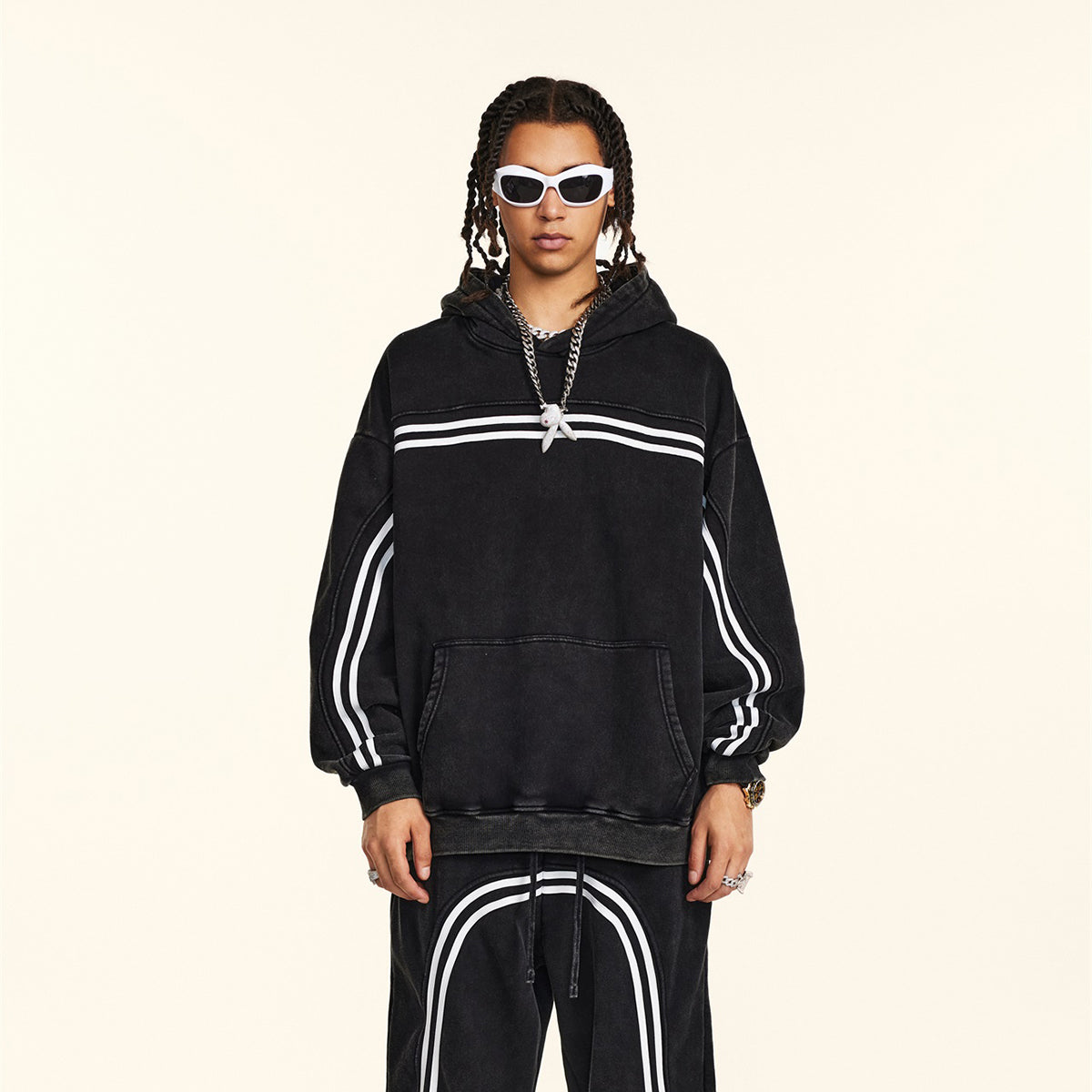 Acid Wash Thick Contrast Stitch Hoodie-INNBLAC Fashion Apparel